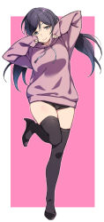 Rule 34 | 1girl, black panties, closed mouth, duke (inu daimyou), full body, long hair, long sleeves, love live!, love live! school idol project, panties, pink background, purple hair, smile, solo, standing, standing on one leg, thighs, tojo nozomi, twintails, two-tone background, underwear, white background