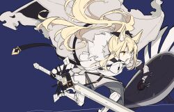 Rule 34 | 1girl, animal ears, arknights, armor, blemishine (arknights), blonde hair, cape, fur-trimmed jacket, fur trim, highres, holding, holding sword, holding weapon, jacket, long hair, moa (fade64222), shield, solo, sword, weapon, yellow eyes