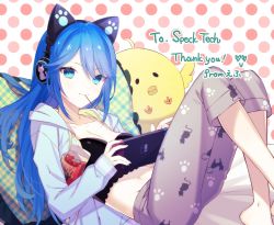 Rule 34 | 1girl, alyssa (specktech), animal ear headphones, blue eyes, blue hair, breasts, cat ear headphones, cleavage, collarbone, commission, controller, fake animal ears, feet out of frame, food, game controller, headphones, highres, holding, holding controller, holding game controller, hood, hoodie, long hair, midriff, mouth hold, nintendo switch, open clothes, open hoodie, original, pajamas, pants, phantasy star, phantasy star online 2, pocky, second-party source, shimi to ufu, skeb commission, solo, stuffed animal, stuffed toy
