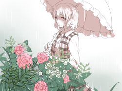 Rule 34 | 1girl, bad id, bad pixiv id, flower, kazami yuuka, long sleeves, looking at viewer, monochrome, open clothes, open vest, rain, red flower, red rose, rose, sanwa (koyabu2171), shirt, solo, spot color, touhou, umbrella, vest