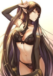 Rule 34 | 1girl, absurdly long hair, bare shoulders, black bra, black hair, black panties, bow, bow bra, bra, breasts, bridal gauntlets, choker, cleavage, collarbone, commentary request, cowboy shot, curvy, detached sleeves, elf, fate/apocrypha, fate/grand order, fate (series), gradient background, hair between eyes, highres, lace, lace-trimmed legwear, lace trim, large breasts, lingerie, long hair, looking at viewer, mashuu (neko no oyashiro), navel, open mouth, panties, pointy ears, ribbon-trimmed bra, semiramis (fate), signature, simple background, solo, thighhighs, thighs, twitter username, underwear, underwear only, very long hair, yellow eyes
