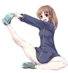 Rule 34 | 1girl, :d, bare legs, bottomless, breasts, brown hair, convenient leg, full body, jacket, legs, long hair, long sleeves, naked jacket, no panties, no socks, open mouth, ponytail, red eyes, saki (manga), shoes, simple background, smile, sneakers, solo, stretching, takakamo shizuno, thighs, track jacket, white background, yui (imprinting)