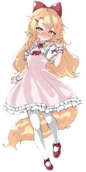 Rule 34 | 1girl, animal ear fluff, animal ears, arm up, blonde hair, bow, doroame (ameyu), dress, full body, hair bow, hair ornament, hairclip, highres, horse ears, horse girl, horse tail, long hair, long tail, original, pantyhose, pink dress, red footwear, ribbon, shoes, short sleeves, simple background, solo, tail, white background, white pantyhose