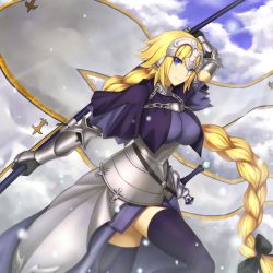 Rule 34 | 1girl, armor, armored dress, banner, blonde hair, blue eyes, braid, breasts, dress, enchuu, fate/apocrypha, fate/grand order, fate (series), floating hair, gloves, headpiece, holding, holding weapon, jeanne d&#039;arc (fate), jeanne d&#039;arc (ruler) (fate), long hair, looking at viewer, smile, solo, standing, very long hair, weapon