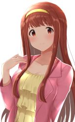 Rule 34 | 1girl, absurdres, blunt bangs, breasts, brown eyes, brown hair, cleavage, closed mouth, collarbone, hairband, highres, homco, idolmaster, idolmaster million live!, idolmaster million live! theater days, jacket, long hair, medium breasts, open clothes, open jacket, pink jacket, shiny skin, shirt, simple background, smile, solo, straight hair, tanaka kotoha, upper body, very long hair, white background, yellow hairband, yellow shirt