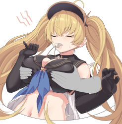 Rule 34 | 1girl, ahoge, black choker, black sailor collar, blonde hair, blowing whistle, grabbing another&#039;s breast, breasts, choker, cropped torso, elbow gloves, gloves, grabbing, grabbing from behind, granblue fantasy, groping, hair between eyes, hands up, large breasts, long hair, monika weisswind, monika weisswind (swimsuit) (granblue fantasy), mouth hold, navel, official alternate costume, sailor collar, shiseki hirame, solo focus, sweat, twintails, upper body, v-shaped eyebrows, visor cap