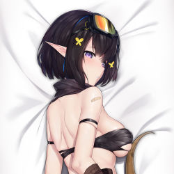 Rule 34 | 1girl, arknights, arm strap, bandaid, bandaid on shoulder, bandeau, bare back, black bandeau, black gloves, black hair, black scarf, breasts, bursting breasts, butterfly hair ornament, cirnos, eunectes (arknights), gloves, goggles, goggles on head, hair ornament, looking at viewer, looking back, lying, medium breasts, on stomach, parted lips, purple eyes, scarf, shirt, short hair, skindentation, snake tail, solo, tail, torn clothes, torn shirt, white background