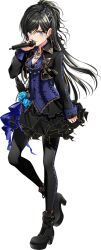 Rule 34 | 1girl, aoyagi tsubaki, bead necklace, beads, black bra, black footwear, black hair, black jacket, black pantyhose, black skirt, blazer, blue flower, blue shirt, boots, bra, braid, breasts, cleavage, closed mouth, d4dj, ear piercing, flower, foot up, french braid, grey eyes, hair between eyes, hand over face, high heel boots, high heels, high ponytail, highres, holding, holding microphone, jacket, jewelry, long hair, long sleeves, looking at viewer, medium breasts, microphone, necklace, official art, pantyhose, piercing, shirt, simple background, skirt, sleeves past wrists, solo, standing, standing on one leg, swept bangs, transparent background, underwear, v-shaped eyebrows