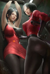 Rule 34 | 2girls, ada wong, arms up, ass, black gloves, black hair, bound, bound wrists, breasts, brown eyes, collarbone, commentary, covered erect nipples, dual persona, english commentary, gloves, hand on own hip, highres, looking away, looking back, moi&#039;dukdum, multiple girls, pantyhose, patreon username, red lips, resident evil, resident evil 2, resident evil 2 (remake), resident evil 4, resident evil 6, short hair, sleeveless, thick thighs, thighs, torn clothes, yuri
