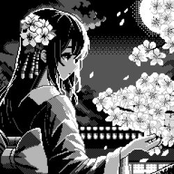 Rule 34 | 1girl, bow, cherry blossoms, commentary, ears visible through hair, falling petals, flower, greyscale, hair flower, hair ornament, japanese clothes, kimono, long hair, looking at object, monochrome, original, outdoors, petals, pixel art, profile, solo, upper body, viino hamu86, wide sleeves