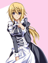 Rule 34 | 1girl, alternate costume, apron, black dress, blonde hair, blue eyes, charlotte dunois, closed mouth, dress, enmaided, floating hair, graphite (medium), infinite stratos, kagura yuuto, long dress, long hair, long sleeves, looking at viewer, maid, ponytail, smile, solo, standing, traditional media, v, very long hair, waist apron, white apron, white neckwear