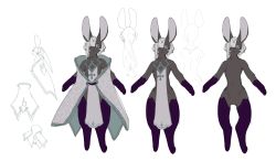 Rule 34 | 1other, :&lt;, animal ears, bare shoulders, bebebe, blue eyes, cape, closed mouth, full body, furry, gloves, grey hair, groin, hair over one eye, highres, long hair, looking to the side, multiple views, navel, nude, original, purple gloves, purple legwear, rabbit ears, rabbit tail, simple background, sketch, standing, tabard, tail, thighhighs, white background