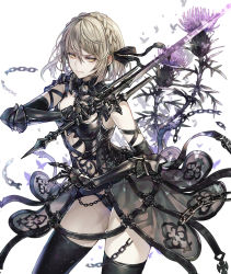 Rule 34 | 1girl, black gloves, black thighhighs, blonde hair, broken, broken chain, bug, butterfly, chain, commentary request, elbow gloves, flower, flower request, gauntlets, gloves, hair ribbon, holding, holding sword, holding weapon, insect, looking at viewer, md5 mismatch, original, pale skin, resolution mismatch, ribbon, senano-yu, solo, source larger, sword, thighhighs, weapon, white background, yellow eyes