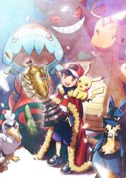 Rule 34 | 1boy, :d, ash ketchum, baseball cap, black footwear, black hair, brown eyes, cape, creatures (company), dracovish, dragonite, fur-trimmed cape, fur trim, game freak, gen 1 pokemon, gen 4 pokemon, gen 8 pokemon, gengar, hat, highres, holding, holding trophy, lucario, male focus, minato (mntnm), nintendo, open mouth, pikachu, pokemon, pokemon (anime), pokemon (creature), pokemon journeys, purple shorts, red cape, red headwear, shirt, shoes, short hair, shorts, sirfetch&#039;d, smile, spoilers, standing, teeth, trophy, upper teeth only, white shirt