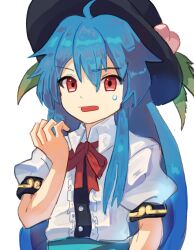Rule 34 | 1girl, ahoge, black headwear, blue hair, bow, bowtie, collared shirt, commentary request, flat chest, highres, hinanawi tenshi, long hair, parted lips, peach hat ornament, plus2sf, puffy short sleeves, puffy sleeves, red bow, red bowtie, red eyes, shirt, short sleeves, solo, touhou, upper body, very long hair, white shirt