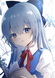 Rule 34 | 1girl, absurdres, alternate hair length, alternate hairstyle, blue bow, blue dress, blue eyes, blue hair, blush, book, bow, cirno, collared shirt, detached wings, dress, fairy, hair between eyes, hair bow, highres, holding, holding book, ice, ice wings, long hair, looking at viewer, open book, parted lips, puffy short sleeves, puffy sleeves, rokuya (68 zusao), shirt, short sleeves, signature, simple background, snowflakes, solo, touhou, upper body, white background, white shirt, wings
