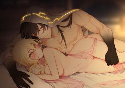 Rule 34 | 1boy, 1girl, abs, bed, black hair, blonde hair, blush, breasts, cleft of venus, closed mouth, completely nude, genshin impact, hair between eyes, hetero, highres, ia (ias1010), large breasts, long hair, lumine (genshin impact), lying, nude, on side, orange eyes, parted lips, pectorals, pussy, robe, short hair with long locks, uncensored, yellow eyes, zhongli (genshin impact)