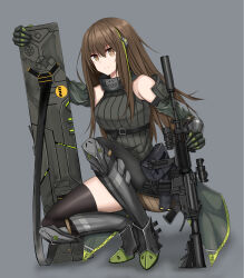 Rule 34 | armored boots, armored gloves, assault rifle, boots, brown eyes, brown hair, carbine, detached sleeves, girls&#039; frontline, green leotard, gun, highres, holding, holding gun, holding weapon, leotard, m4 carbine, m4a1 (girls&#039; frontline), m4a1 (mod3) (girls&#039; frontline), non-web source, rifle, suppressor, weapon