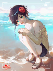 Rule 34 | 1boy, absurdres, androgynous, bare shoulders, beach, black hair, blue hair, braid, collarbone, commentary request, day, flower, from side, genshin impact, gradient hair, green eyes, hair flower, hair ornament, highres, huge filesize, jacket, unworn jacket, kkopoli, long sleeves, looking at viewer, male focus, multicolored hair, ocean, open mouth, outdoors, red flower, sandals, short hair with long locks, shorts, sleeveless, smile, solo, squatting, starfish, tagme, twin braids, venti (genshin impact), water, yellow jacket
