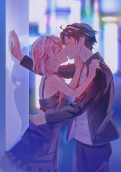 Rule 34 | 1boy, 1girl, absurdres, bare arms, black dress, black jacket, black pants, blurry, blurry background, blush, brown hair, closed eyes, couple, dress, from side, guilty crown, hair over shoulder, hetero, highres, jacket, kabedon, kiss, long hair, negai (48282230), open clothes, open jacket, ouma shuu, pants, pink hair, shirt, short dress, short hair, sleeveless, sleeveless dress, twintails, white shirt, yuzuriha inori