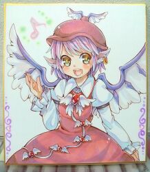 Rule 34 | 1girl, animal ears, bird ears, bird wings, blush, brown dress, brown hat, collared shirt, dress, earrings, eighth note, fingernails, frilled sleeves, frills, hat, ibaraki natou, jewelry, juliet sleeves, long fingernails, long sleeves, musical note, mystia lorelei, nail polish, open mouth, photo (medium), pink hair, puffy sleeves, purple nails, sharp fingernails, shikishi, shirt, short hair, single earring, sleeve garter, smile, solo, touhou, traditional media, white shirt, white wings, winged hat, wings, yellow eyes