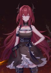 Rule 34 | 1girl, arknights, bare arms, bare shoulders, belt, black belt, black dress, black thighhighs, breasts, cleavage, collarbone, commentary, cowboy shot, detached collar, dress, hair between eyes, hair intakes, hand on own hip, highres, horns, kong (ksw2801), long hair, looking at viewer, medium breasts, pink eyes, red hair, sleeveless, sleeveless dress, solo, standing, surtr (arknights), thigh strap, thighhighs, very long hair, zettai ryouiki