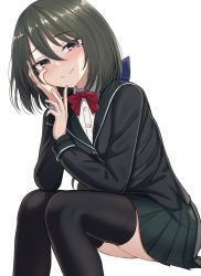 Rule 34 | 1girl, absurdres, black jacket, black thighhighs, blazer, blush, closed mouth, green hair, green skirt, hair between eyes, highres, invisible chair, jacket, long sleeves, looking at viewer, original, pleated skirt, purple eyes, school uniform, shirt, simple background, sitting, skirt, smile, solo, thighhighs, white background, white shirt, yakob labo