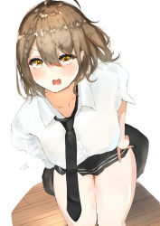 Rule 34 | 1girl, absurdres, azur lane, b-shi, bag, baltimore (after-school ace) (azur lane), baltimore (azur lane), black necktie, black skirt, braid, brown hair, collared shirt, french braid, highres, looking at viewer, looking up, loose necktie, medium hair, miniskirt, necktie, official alternate costume, open mouth, pleated skirt, school bag, school uniform, shirt, short sleeves, signature, simple background, skirt, solo, white background, white shirt, yellow eyes