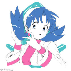 Rule 34 | 1girl, blue eyes, blue hair, breasts, commentary request, creatures (company), earrings, eyelashes, game freak, hair tie, hands up, highres, jacket, jewelry, kibisakura2, kris (pokemon), limited palette, nintendo, open clothes, open jacket, open mouth, pink shirt, pokemon, pokemon adventures, shirt, solo, tongue, twintails, twitter username, upper body, white background, white jacket
