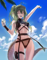 Rule 34 | 1girl, ;d, absurdres, antenna hair, arknights, arm up, bare arms, bare shoulders, black shirt, blue sky, breasts, cloud, commentary, cowboy shot, crocodilian tail, crop top, cup, day, drinking glass, english commentary, gavial (arknights), green hair, groin, hair between eyes, highres, holding, holding cup, long hair, looking at viewer, midriff, navel, official alternate costume, one eye closed, open mouth, pointy ears, ponytail, shirt, sky, sleeveless, sleeveless shirt, small breasts, smile, solo, standing, stomach, suprii, tail, thigh strap, thighs, visor cap, yellow eyes