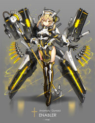 Rule 34 | 1girl, armor, blonde hair, bodysuit, breastplate, breasts, closed mouth, commentary request, cyborg, full body, gia, glowing, glowing weapon, grey background, headgear, highres, looking at viewer, mecha musume, mechanical arms, medium breasts, original, pelvic curtain, science fiction, short hair, solo, standing, thighhighs, weapon, yellow eyes