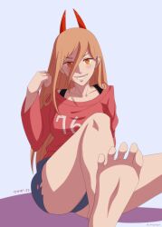 Rule 34 | 1girl, animated, animated png, barefoot, blinking, blonde hair, chainsaw man, conejologia, feet, grin, horns, light blush, long hair, looking at viewer, power (chainsaw man), sharp teeth, smile, soles, teeth, toes, yellow eyes