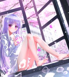 Rule 34 | 10s, 1girl, absolute duo, ahoge, alternate hair color, barefoot, breasts, cherry blossoms, cleavage, collarbone, cup, dress shirt, dutch angle, feet, fish, highres, holding, legs, long hair, long legs, long sleeves, mug, naked shirt, open window, petals, pink eyes, purple hair, shirt, sitting, small breasts, smile, solo, swordsouls, transparent, very long hair, window, yurie sigtuna