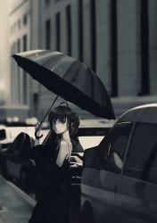 Rule 34 | 1girl, ahoge, bare shoulders, black dress, black hair, black umbrella, car, closed mouth, collarbone, dress, female focus, from side, grey hair, hair between eyes, highres, holding, holding umbrella, lips, litra (ltr0312), looking at viewer, monochrome, motor vehicle, nail polish, original, outdoors, road, scenery, solo, standing, street, twintails, umbrella
