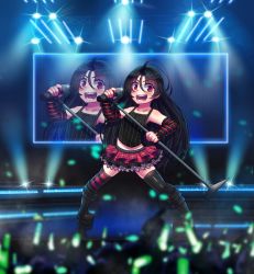 Rule 34 | 1girl, black hair, boots, breasts, cheering, crowd, frilled skirt, frills, highres, idol, long hair, microphone, music, open mouth, original, raine fenix, red hair, saova, singing, skirt, small breasts, smile, stage, stage lights, standing, striped clothes, striped thighhighs, thighhighs, thighs, very long hair