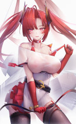 Rule 34 | 1girl, absurdres, arknights, bad id, bad pixiv id, bare shoulders, binggong asylum, blouse, bra strap, breasts, commentary request, highres, horns, large breasts, long hair, looking at viewer, material growth, off-shoulder shirt, off shoulder, oripathy lesion (arknights), parted lips, red eyes, red hair, shirt, smile, solo, thighs, toddifons (arknights), twintails, white background, white shirt