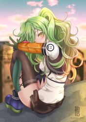 Rule 34 | 1girl, 2018, artist name, bad id, bad pixiv id, black thighhighs, blue footwear, blue sky, blurry, blurry background, blush, breasts, brown shorts, closed mouth, cloud, commentary request, depth of field, girls&#039; frontline, gloves, green gloves, green hair, hair between eyes, head tilt, long hair, long sleeves, looking at viewer, looking to the side, m950a (girls&#039; frontline), medium breasts, outdoors, sheepd, shirt, shoes, short shorts, shorts, sitting, sky, smile, solo, sunset, thighhighs, twitter username, two side up, v, very long hair, white shirt, yellow eyes