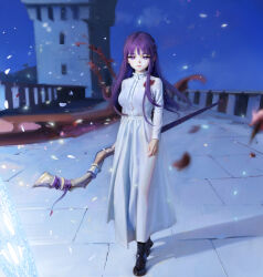 Rule 34 | 1girl, absurdres, blood, breasts, closed mouth, commentary, dress, fern (sousou no frieren), full body, highres, holding, holding staff, large breasts, long hair, long sleeves, looking at viewer, outdoors, purple eyes, purple hair, sidelocks, solo, sousou no frieren, staff, standing, sweetonedollar, white dress
