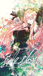 Rule 34 | 1girl, abstract, abstract background, armpits, arms behind head, black shirt, black skirt, black thighhighs, breasts, clothing cutout, colorful, cowboy shot, detached sleeves, english text, closed eyes, hair ornament, highres, long hair, megurine luka, meola, navel, paint splatter, pink hair, shirt, skirt, solo, stomach cutout, thighhighs, vocaloid, zettai ryouiki