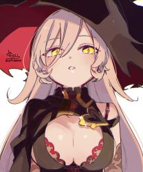 Rule 34 | 1girl, absurdres, bad id, bad pixiv id, bare shoulders, black dress, black hat, breasts, cleavage, cleavage cutout, clothing cutout, dress, from below, grey hair, hair between eyes, hat, highres, huge filesize, large breasts, long hair, looking at viewer, nijisanji, nui sociere, nui sociere (1st costume), parted lips, signature, simple background, sofra, solo, twitter username, upper body, virtual youtuber, white background, witch hat, yellow eyes
