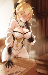 Rule 34 | 1girl, black bow, blonde hair, blush, bow, breasts, clothed masturbation, covered erect nipples, crotch rub, desk, detached collar, detached sleeves, closed eyes, female masturbation, genshin impact, hair bow, highres, jean (genshin impact), large breasts, long sleeves, masturbation, masturbation through clothes, pants, pussy juice, shumiao, sidelocks, solo, standing, table humping, tight clothes, tight pants, white pants, white sleeves
