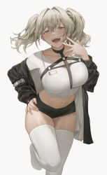 Rule 34 | 1girl, :d, banned artist, black jacket, black shorts, breasts, chest harness, collarbone, crop top, fangs, grey eyes, grey hair, hair intakes, hand on own hip, hand up, harness, hinaki (hinaki 0102), jacket, large breasts, leaning forward, leg up, long hair, long sleeves, looking at viewer, micro shorts, midriff, navel, no shoes, off shoulder, open clothes, open jacket, open mouth, original, revealing clothes, shirt, shorts, simple background, skindentation, smile, solo, standing, standing on one leg, stomach, thighhighs, thighs, twintails, white background, white shirt, white thighhighs