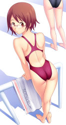 Rule 34 | 2girls, ass, barefoot, brown eyes, brown hair, competition swimsuit, feet, from above, glasses, highres, kuri (kurigohan), legs, looking back, multiple girls, one-piece swimsuit, original, solo focus, swimsuit, toes, towel