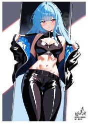 Rule 34 | absurdres, belt, black pants, blue hair, collaboration, cowboy shot, crop top, highres, jacket, kula diamond, leather, leather jacket, leather pants, long hair, looking at viewer, melissa 2.0, navel, open clothes, open jacket, pants, purple eyes, signature, the king of fighters, zipper