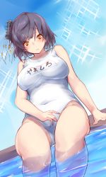 Rule 34 | 10s, 1girl, alternate costume, belly, black hair, breasts, day, hair ornament, highres, kantai collection, large breasts, navel, one-piece swimsuit, plump, pool, school swimsuit, short hair, solo, swimsuit, water, white school swimsuit, white one-piece swimsuit, yamashiro (kancolle), yellow eyes, yuky (cassis powder)
