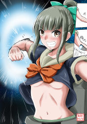 Rule 34 | 10s, 1girl, armpit peek, blunt bangs, bow, breasts, brown eyes, clenched hand, elbow rocket, folded ponytail, glowing, green hair, grin, hair ribbon, highres, kantai collection, legendary pictures, midriff, multiple views, navel, neckerchief, pacific rim, ribbon, rocket engine, rocket punch, school uniform, serafuku, small breasts, smile, speed lines, underboob, wind, wind lift, yano toshinori, yuubari (kancolle)