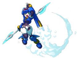 Rule 34 | 1girl, absurdres, aile (mega man zx), archived source, armor, black bodysuit, blue armor, blue footwear, blue helmet, blue jacket, bodysuit, boots, cropped jacket, crotch plate, energy blade, forehead jewel, green eyes, halberd, helmet, highres, holding, holding polearm, holding weapon, jacket, makoto yabe, mega man (series), mega man zx, model lx (mega man), official art, polearm, power armor, simple background, solo, weapon, white background