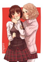 Rule 34 | 10s, 2girls, arm grab, artist name, atlus, blush, breasts, brown hair, checkered clothes, checkered skirt, embarrassed, facing another, facing viewer, hand on another&#039;s cheek, hand up, happy, holding, holding person, jen (creylune), large breasts, light brown hair, long sleeves, looking at another, looking away, looking to the side, multiple girls, niijima makoto, okumura haru, pantyhose, parted lips, persona, persona 5, purple eyes, red eyes, school uniform, shirt, short hair, shy, skirt, smile, standing, teeth, wavy hair, white shirt, yuri