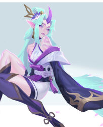 Rule 34 | 1girl, absurdres, bare shoulders, boots, earrings, flower, grey background, grey hair, hair flower, hair ornament, hair rings, highres, japanese clothes, jewelry, kimono, league of legends, liu ab, long hair, obi, pink eyes, pink lips, pink thighhighs, pointy ears, sash, shoulder tattoo, sitting, sleeves past fingers, sleeves past wrists, smile, solo, soraka (league of legends), spirit blossom (league of legends), spirit blossom soraka, tattoo, thighhighs, white flower, white hair, wide sleeves