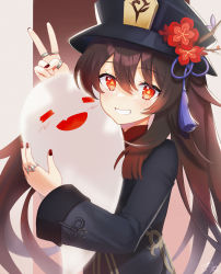 Rule 34 | 1girl, black coat, black hat, blush, breasts, brown hair, coat, flower, genshin impact, ghost, grin, hat, hat flower, highres, hu tao (genshin impact), jewelry, long hair, long sleeves, looking at viewer, noixen, plum blossoms, red eyes, ring, small breasts, smile, solo, symbol-shaped pupils, twintails, v, very long hair